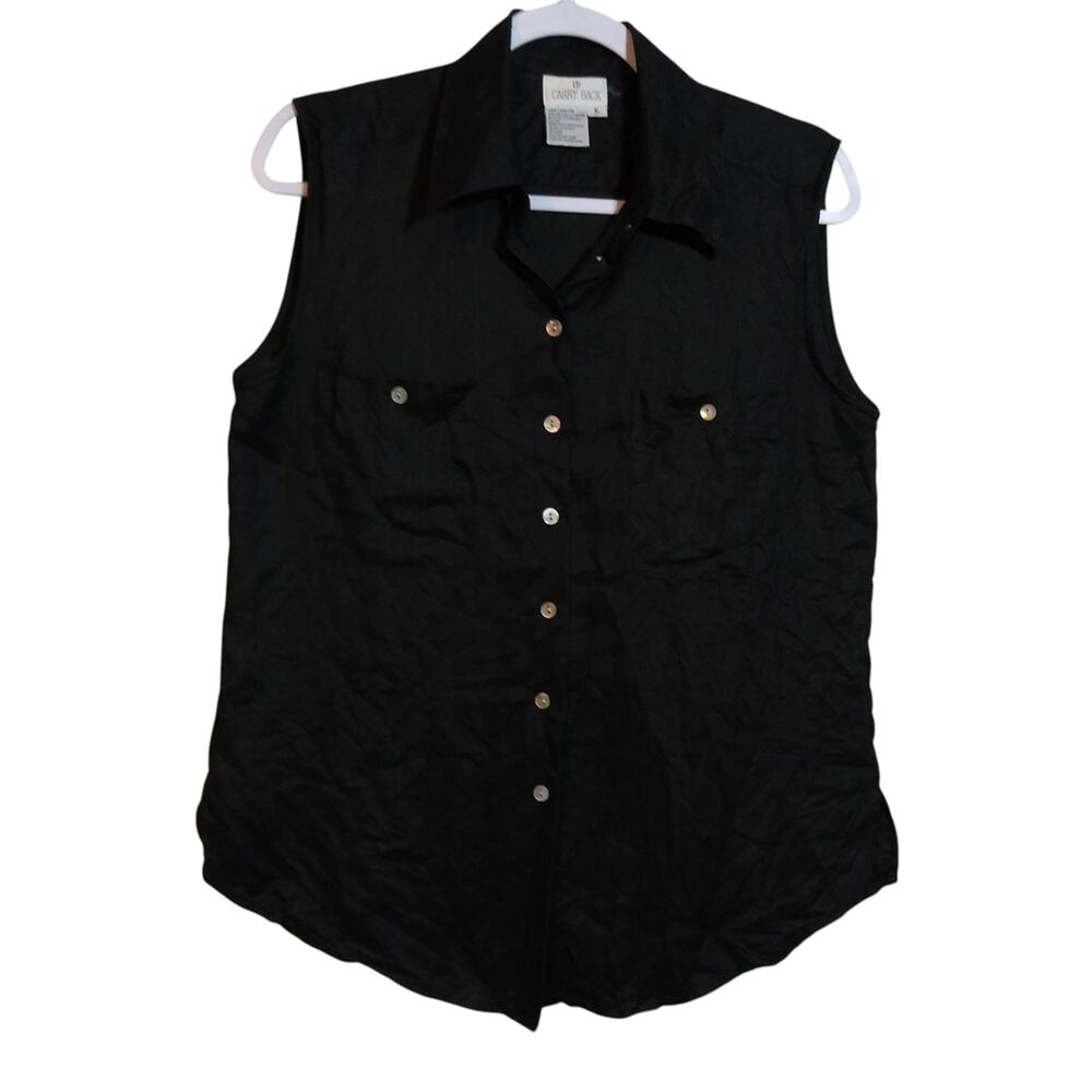 Carry Back Deep Black Linen Sleeveless Button Up Top Vacation Natural Size L